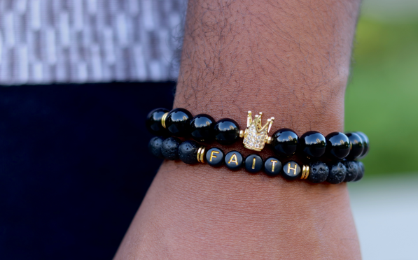 Black Onyx Crown + Lava Rock "Faith" Stacked Bracelet